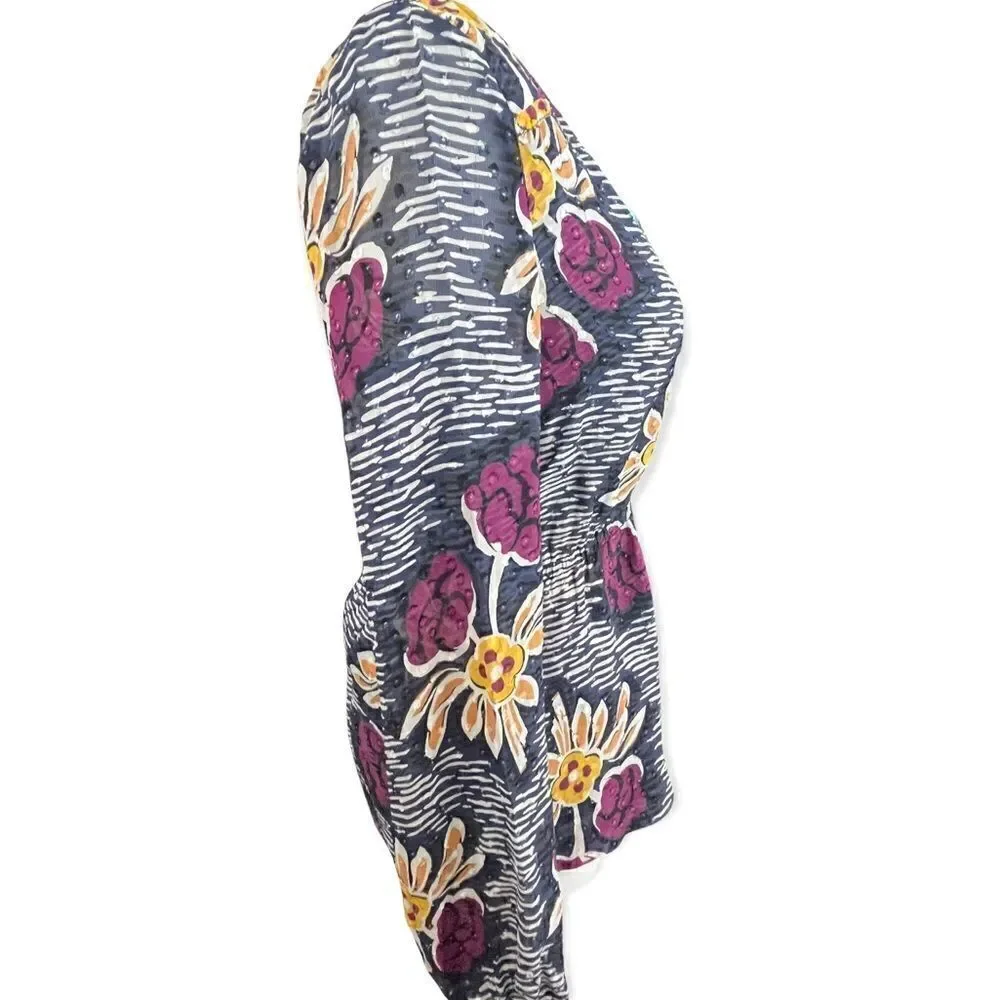Tory Burch Silk Navy/White/ Purple Floral Peplum Style Blouse Small